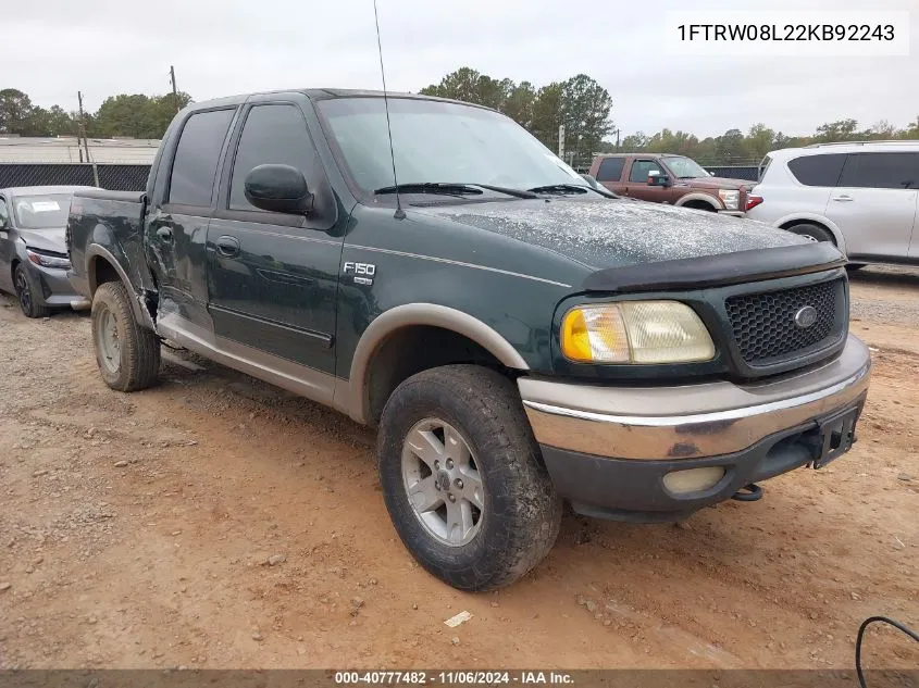 2002 Ford F-150 Lariat/Xlt VIN: 1FTRW08L22KB92243 Lot: 40777482