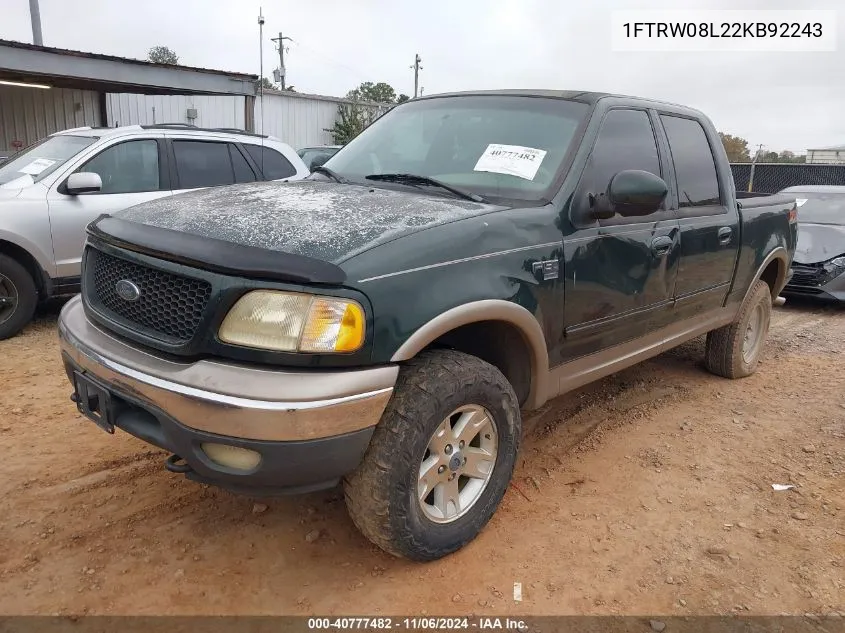 2002 Ford F-150 Lariat/Xlt VIN: 1FTRW08L22KB92243 Lot: 40777482