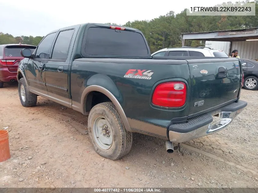 2002 Ford F-150 Lariat/Xlt VIN: 1FTRW08L22KB92243 Lot: 40777482