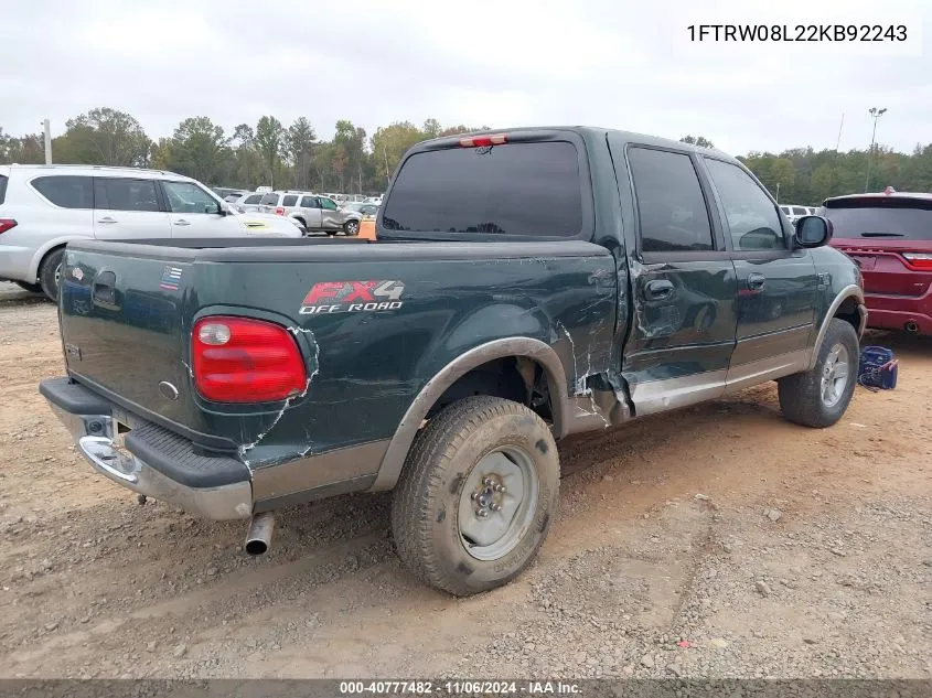 2002 Ford F-150 Lariat/Xlt VIN: 1FTRW08L22KB92243 Lot: 40777482