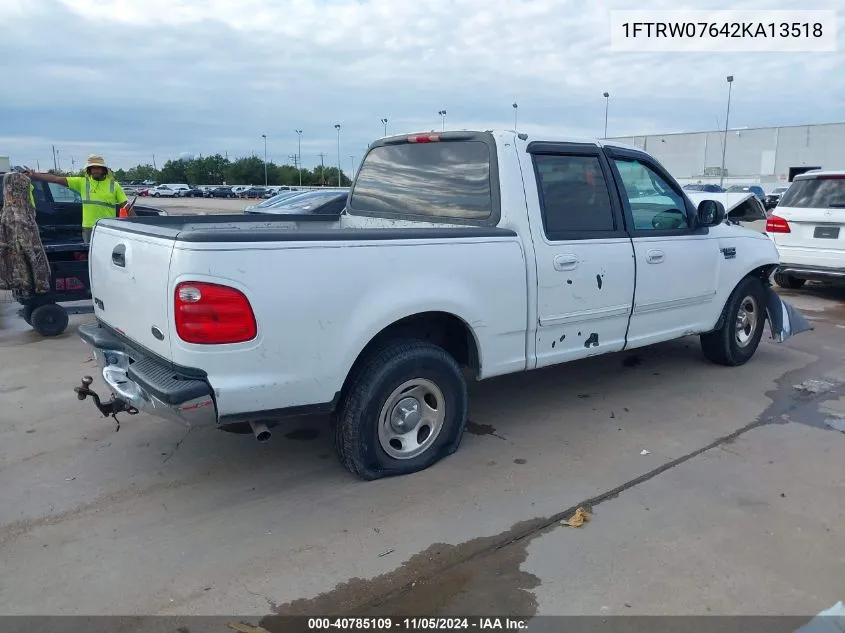 2002 Ford F-150 Lariat/Xlt VIN: 1FTRW07642KA13518 Lot: 40785109