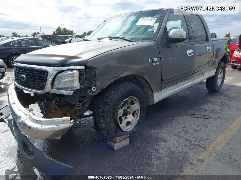 2002 Ford F150 VIN: 1FCRW07L42KC43159 Lot: 40787025