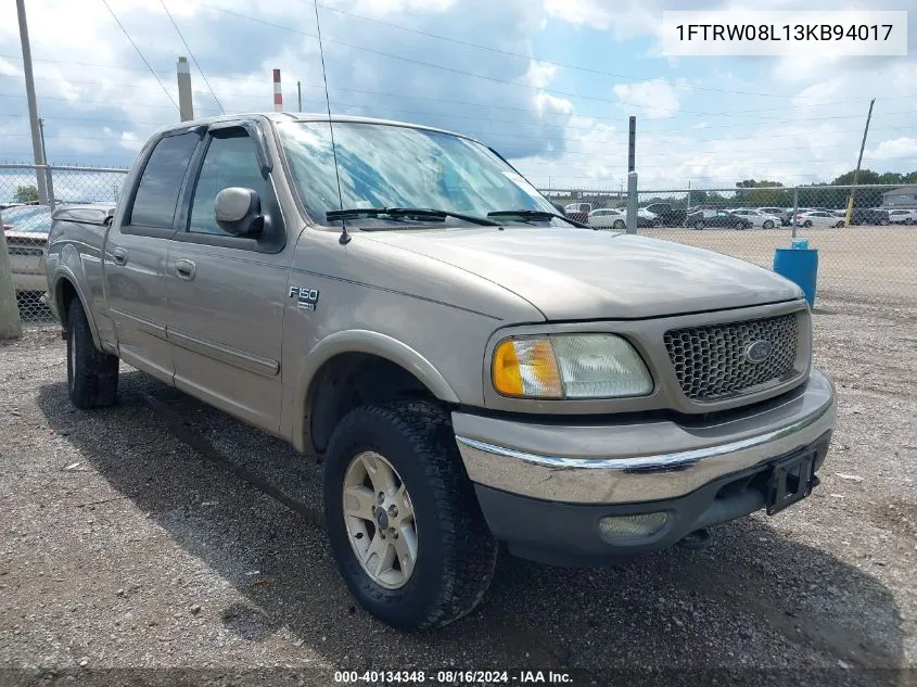 2003 Ford F-150 Lariat/Xlt VIN: 1FTRW08L13KB94017 Lot: 40134348