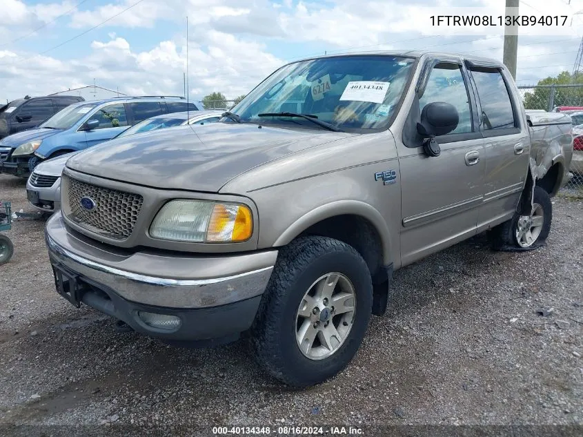 2003 Ford F-150 Lariat/Xlt VIN: 1FTRW08L13KB94017 Lot: 40134348