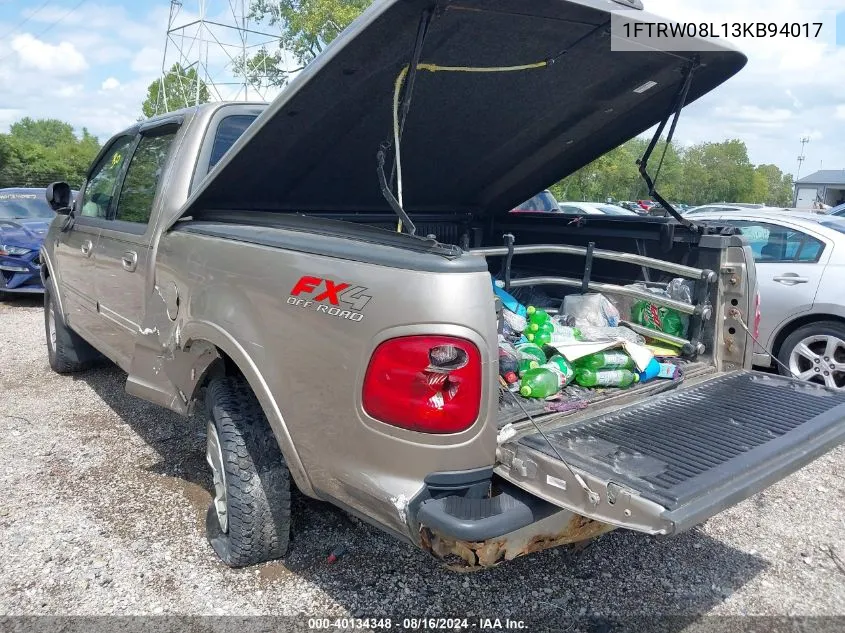 2003 Ford F-150 Lariat/Xlt VIN: 1FTRW08L13KB94017 Lot: 40134348