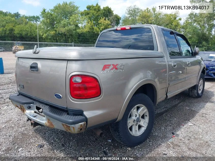 2003 Ford F-150 Lariat/Xlt VIN: 1FTRW08L13KB94017 Lot: 40134348