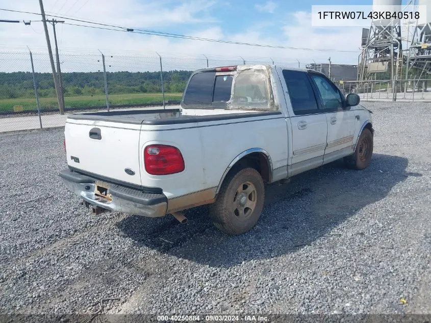 2003 Ford F-150 Lariat/Xlt VIN: 1FTRW07L43KB40518 Lot: 40250884