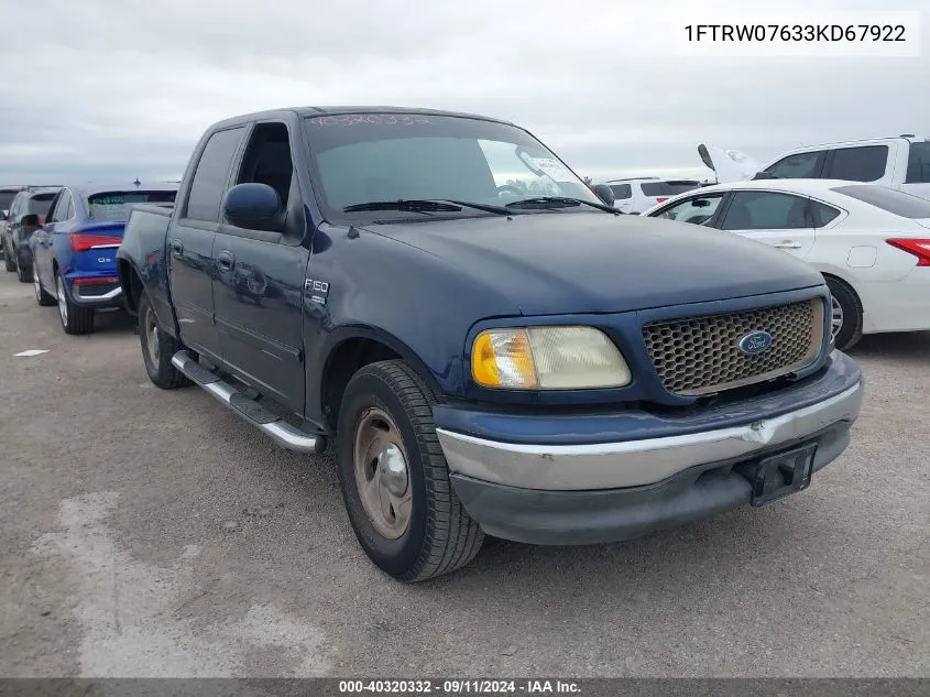 2003 Ford F150 Supercrew VIN: 1FTRW07633KD67922 Lot: 40320332