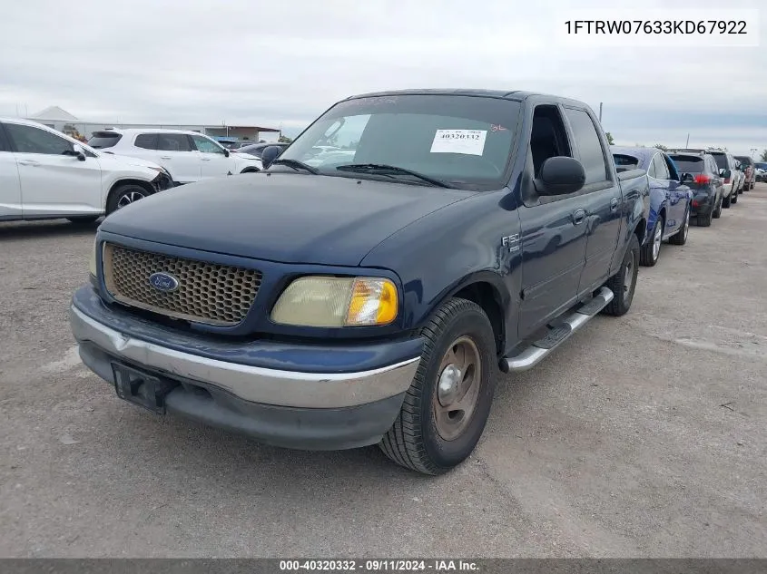 2003 Ford F150 Supercrew VIN: 1FTRW07633KD67922 Lot: 40320332