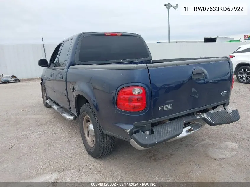 2003 Ford F150 Supercrew VIN: 1FTRW07633KD67922 Lot: 40320332