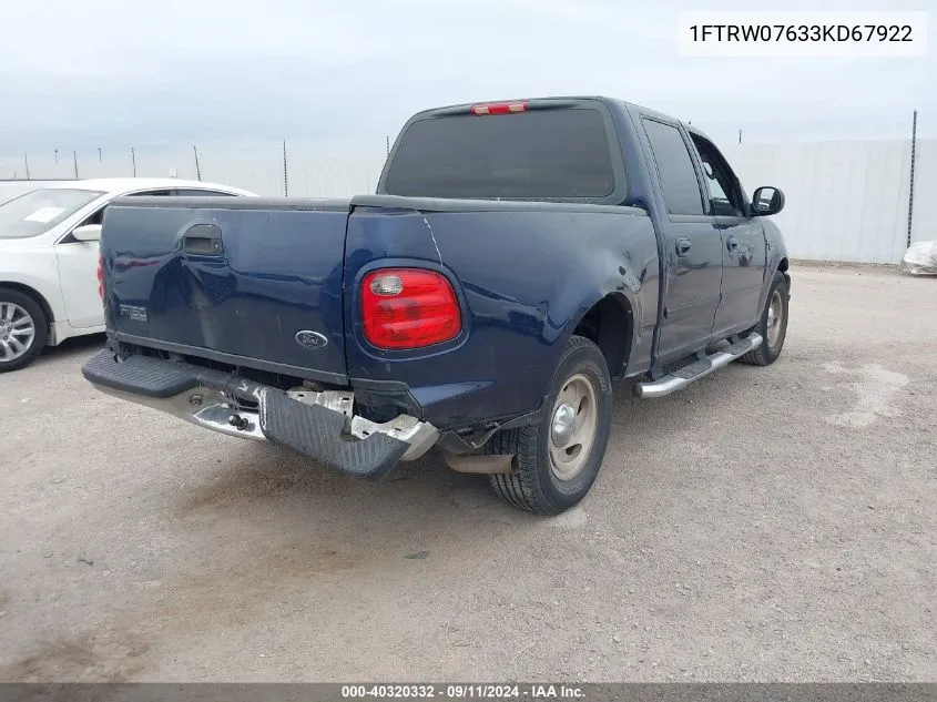 2003 Ford F150 Supercrew VIN: 1FTRW07633KD67922 Lot: 40320332