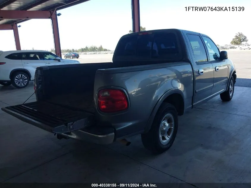 2003 Ford F-150 Lariat/Xlt VIN: 1FTRW07643KA15139 Lot: 40338155