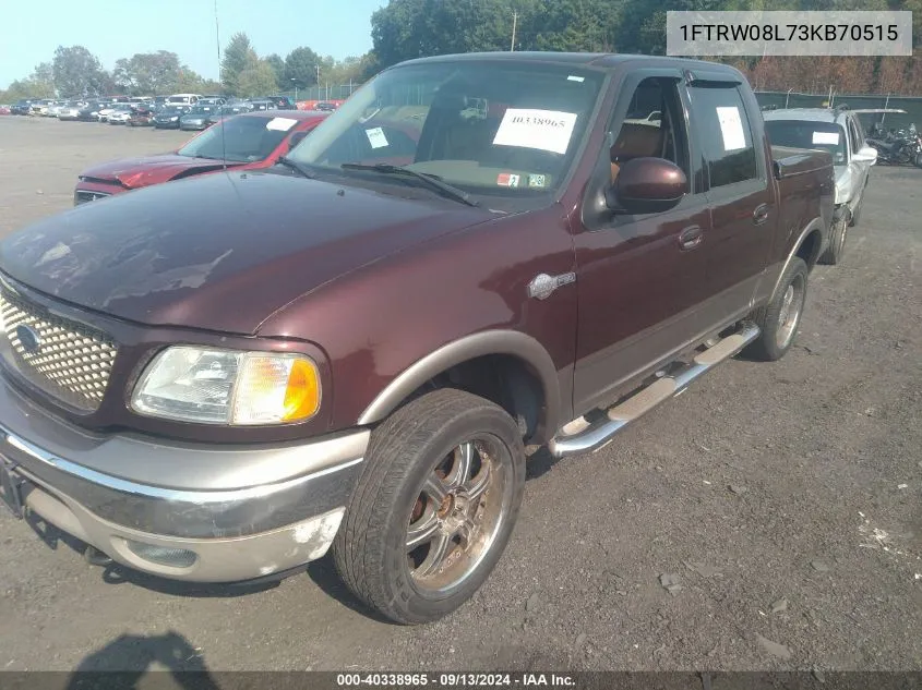 2003 Ford F-150 Lariat/Xlt VIN: 1FTRW08L73KB70515 Lot: 40338965