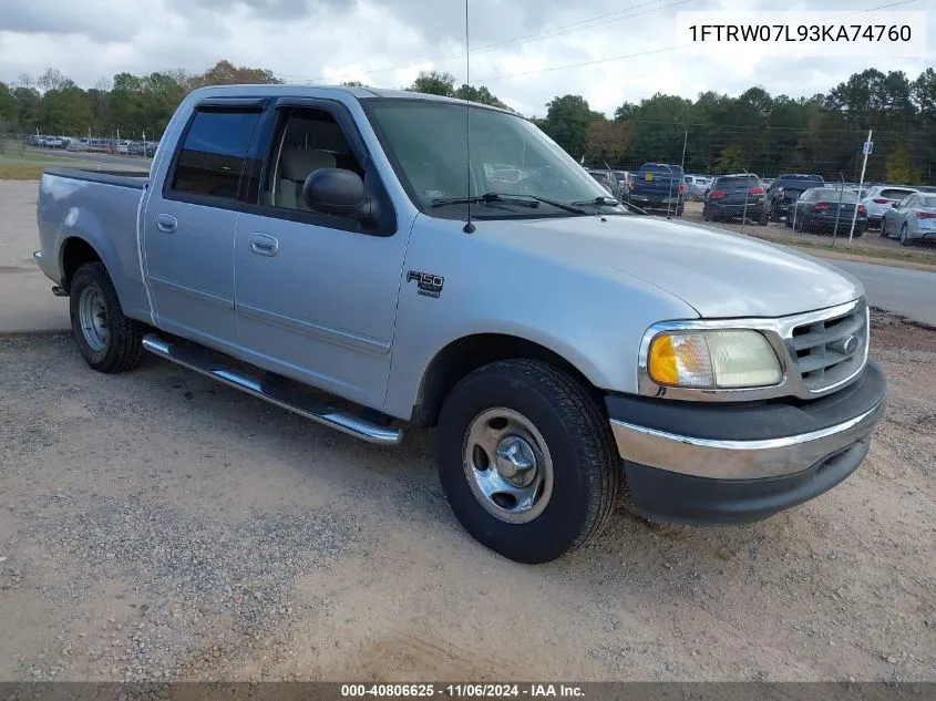 2003 Ford F-150 Lariat/Xlt VIN: 1FTRW07L93KA74760 Lot: 40806625