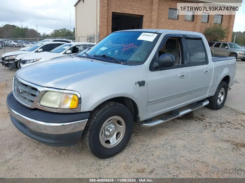 2003 Ford F-150 Lariat/Xlt VIN: 1FTRW07L93KA74760 Lot: 40806625