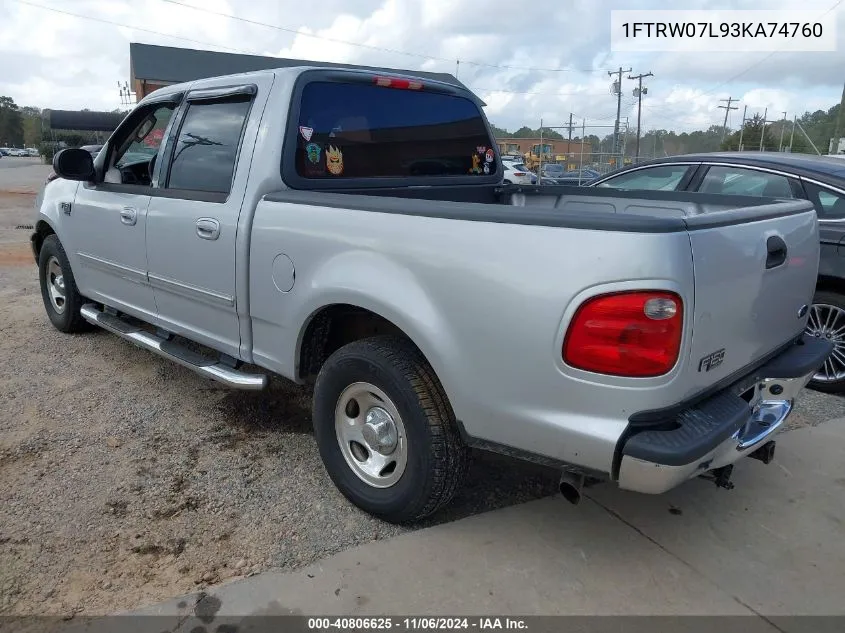 2003 Ford F-150 Lariat/Xlt VIN: 1FTRW07L93KA74760 Lot: 40806625