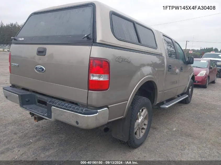 2004 Ford F-150 Supercrew VIN: 1FTPW145X4FA30408 Lot: 40190150