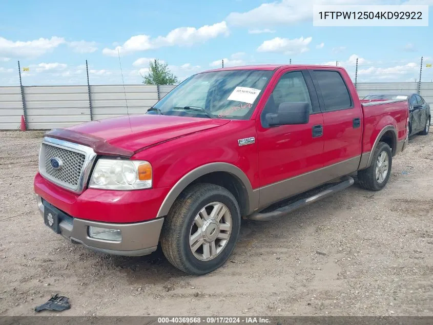 2004 Ford F-150 Lariat/Xlt VIN: 1FTPW12504KD92922 Lot: 40369568