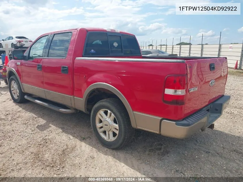 2004 Ford F-150 Lariat/Xlt VIN: 1FTPW12504KD92922 Lot: 40369568