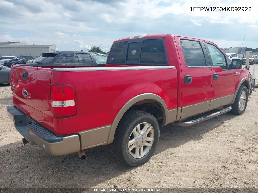 2004 Ford F-150 Lariat/Xlt VIN: 1FTPW12504KD92922 Lot: 40369568