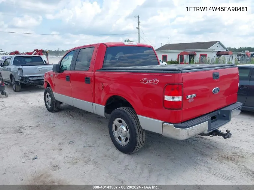 2005 Ford F150 Supercrew VIN: 1FTRW14W45FA98481 Lot: 40143507