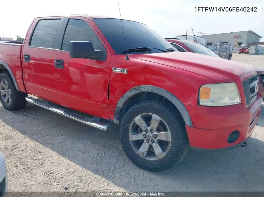 2006 Ford F-150 Supercrew VIN: 1FTPW14V06FB40242 Lot: 40165908