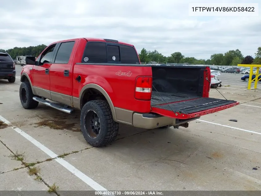 2006 Ford F-150 Fx4/Lariat/Xlt VIN: 1FTPW14V86KD58422 Lot: 40276730