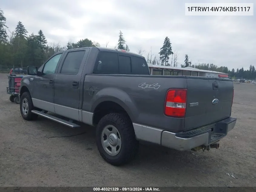 2006 Ford F-150 Xlt VIN: 1FTRW14W76KB51117 Lot: 40321329