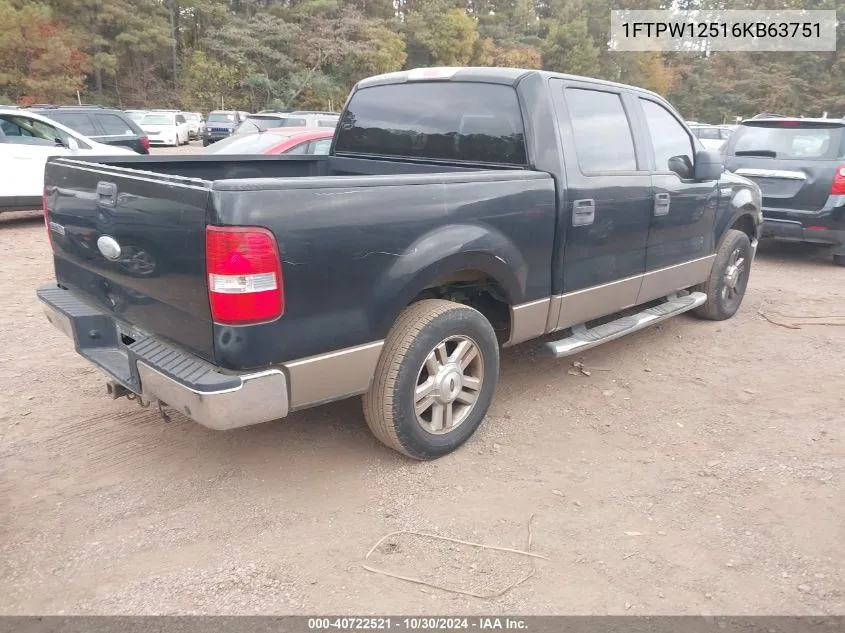 2006 Ford F-150 Lariat/Xlt VIN: 1FTPW12516KB63751 Lot: 40722521