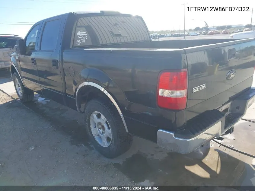 2006 Ford F-150 Xlt VIN: 1FTRW12W86FB74322 Lot: 40866835