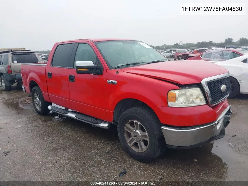 2008 Ford F150 Supercrew VIN: 1FTRW12W78FA04830 Lot: 40241269