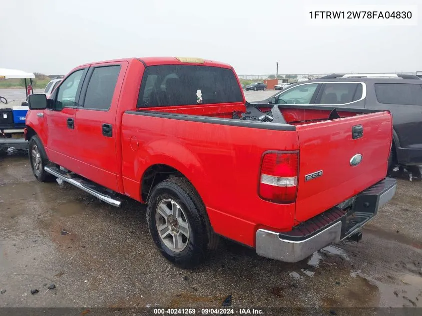 2008 Ford F150 Supercrew VIN: 1FTRW12W78FA04830 Lot: 40241269