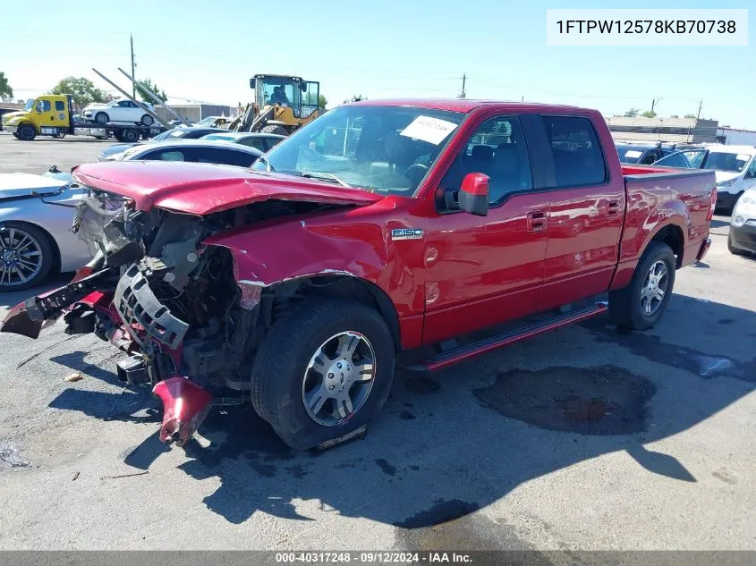 2008 Ford F150 Supercrew VIN: 1FTPW12578KB70738 Lot: 40317248