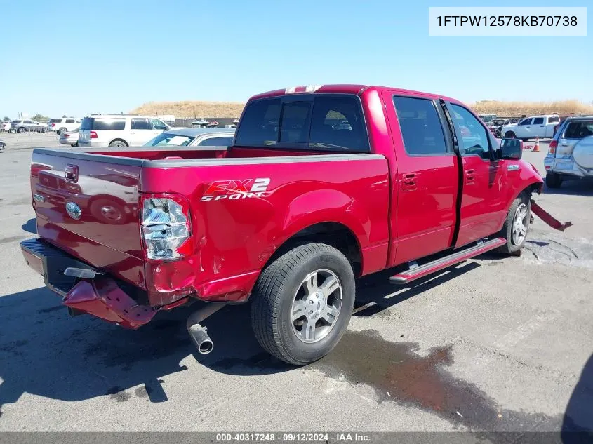 2008 Ford F150 Supercrew VIN: 1FTPW12578KB70738 Lot: 40317248