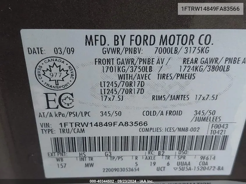 1FTRW14849FA83566 2009 Ford F-150 Supercrew