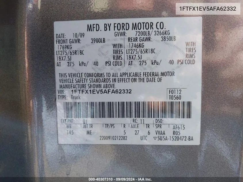 1FTFX1EV5AFA62332 2010 Ford F-150 Fx4/Lariat/Xl/Xlt