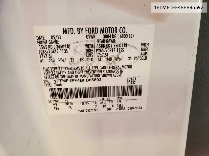 1FTMF1EF4BFB85592 2011 Ford F-150 Xl