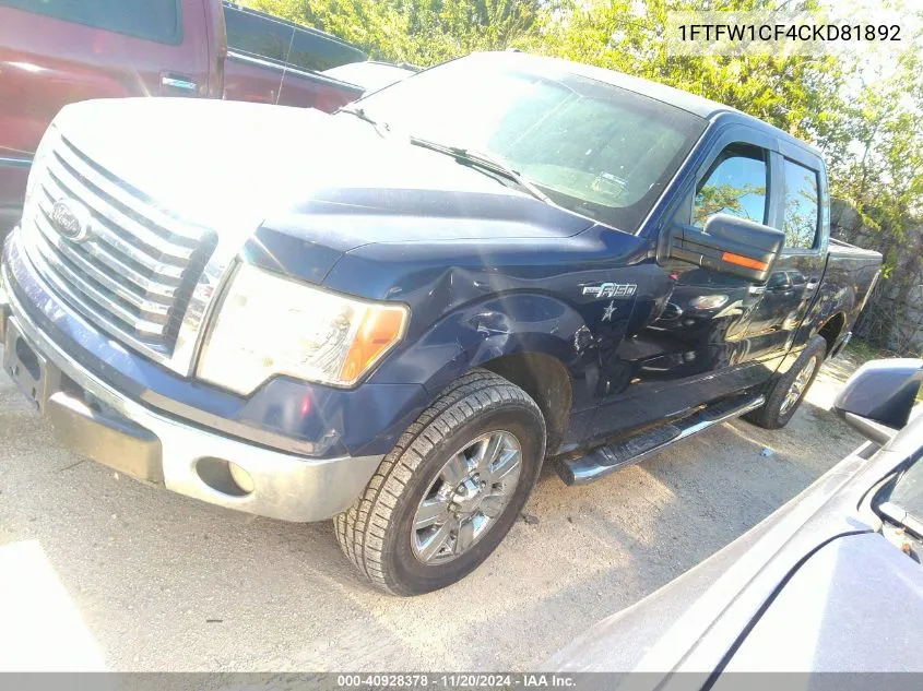 2012 Ford F-150 Xlt VIN: 1FTFW1CF4CKD81892 Lot: 40928378