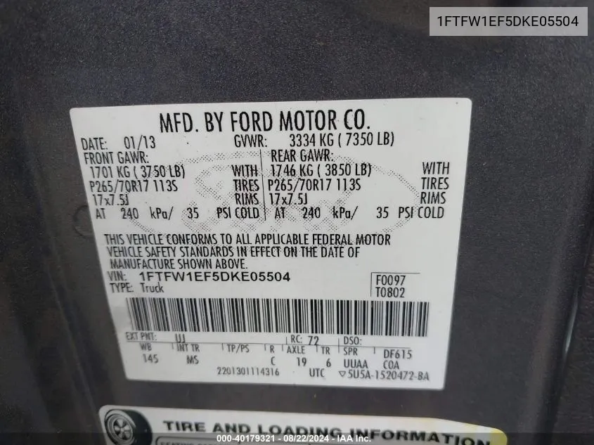 1FTFW1EF5DKE05504 2013 Ford F-150 Xlt