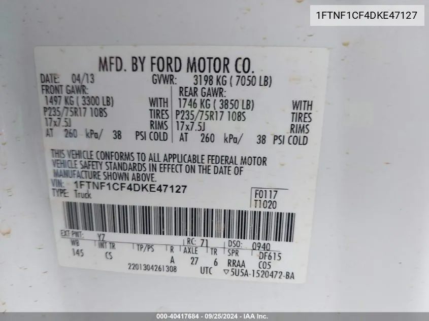 1FTNF1CF4DKE47127 2013 Ford F-150 Xl