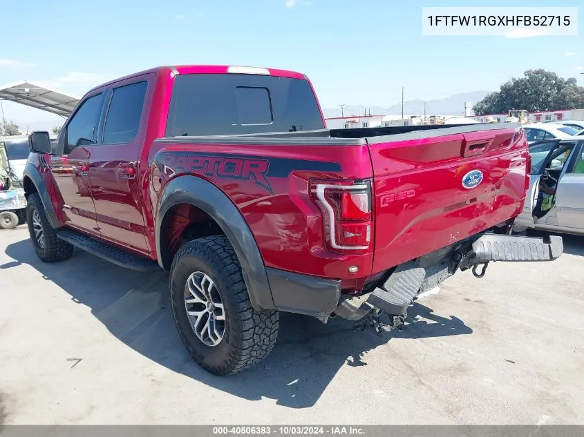 2017 Ford F-150 Raptor VIN: 1FTFW1RGXHFB52715 Lot: 40506383