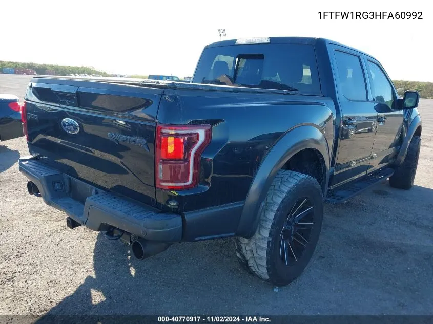 2017 Ford F-150 Raptor VIN: 1FTFW1RG3HFA60992 Lot: 40770917