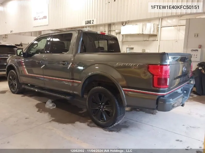 2019 Ford F150 Supercrew VIN: 1FTEW1E40KFC50151 Lot: 12052002