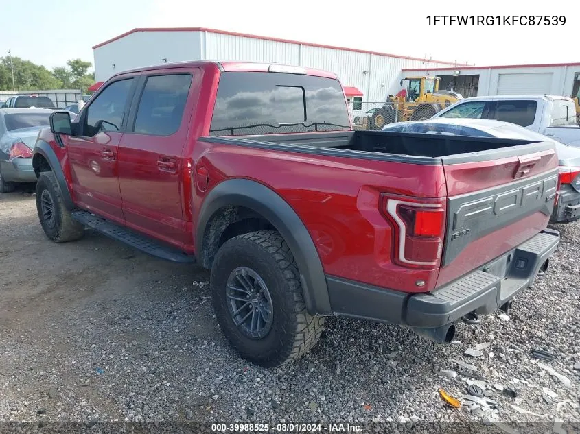 2019 Ford F-150 Raptor VIN: 1FTFW1RG1KFC87539 Lot: 39988525