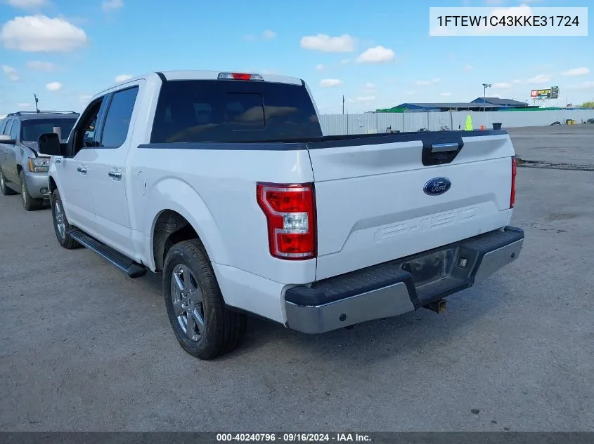 2019 Ford F-150 Supercrew VIN: 1FTEW1C43KKE31724 Lot: 40240796