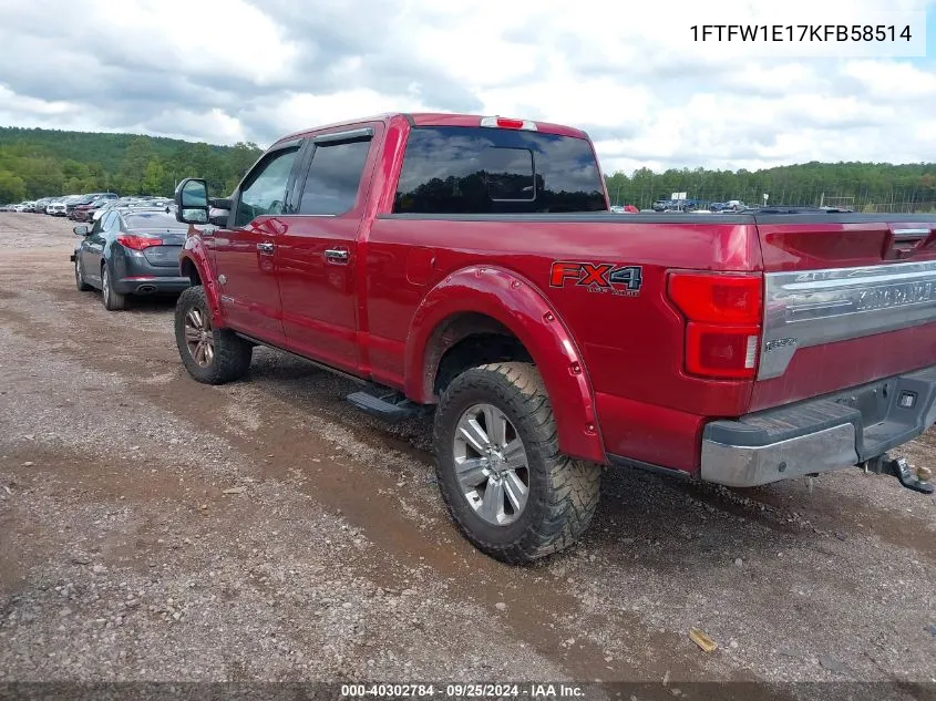 2019 Ford F-150 King Ranch VIN: 1FTFW1E17KFB58514 Lot: 40302784