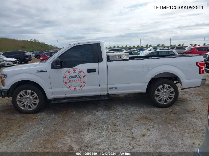 2019 Ford F-150 Xl VIN: 1FTMF1C53KKD92511 Lot: 40597959