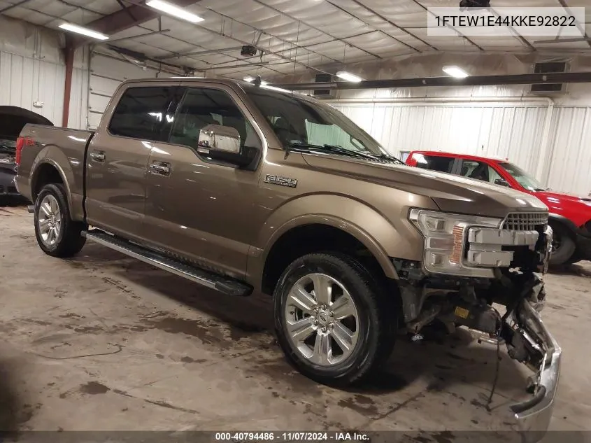 2019 Ford F-150 Lariat VIN: 1FTEW1E44KKE92822 Lot: 40794486