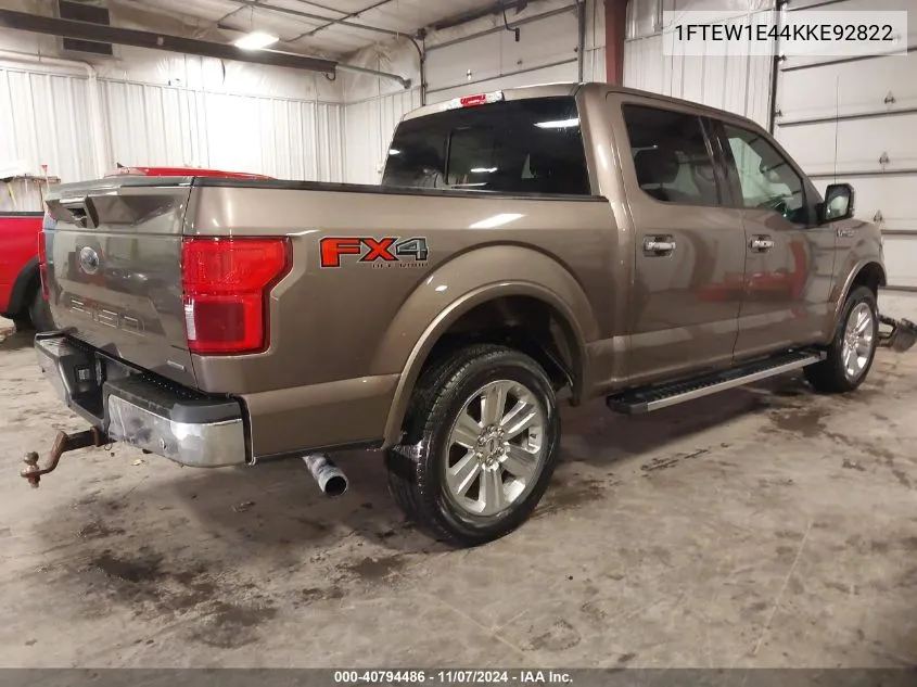 2019 Ford F-150 Lariat VIN: 1FTEW1E44KKE92822 Lot: 40794486