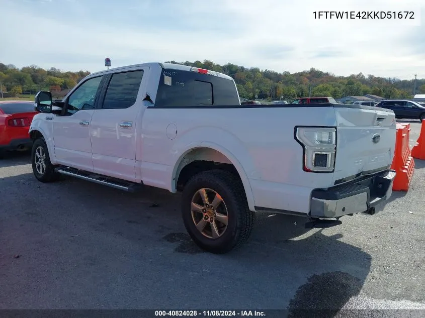 2019 Ford F-150 Lariat VIN: 1FTFW1E42KKD51672 Lot: 40824028